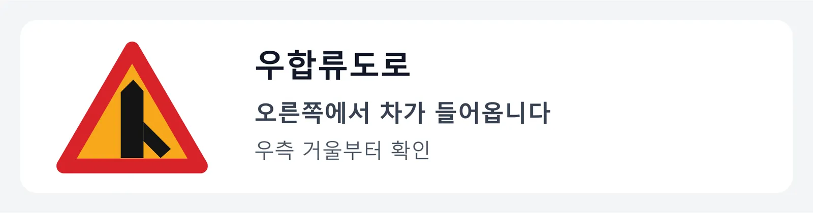 우합류도로 표지판. 굵은 세로 막대에 오른쪽 아래에서 사선이 붙는 그림으로, 오른쪽에서 차가 합류해 들어오니 우측 거울부터 확인하라는 뜻이다.