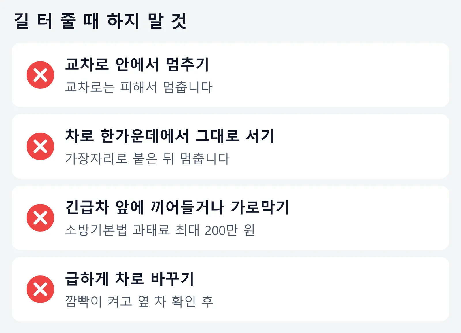 긴급차에 길을 터 줄 때 하지 말 것 네 가지를 정리한 그림. 교차로 안에서 멈추지 말고 피해서 멈추며, 차로 한가운데에서 그대로 서지 말고 가장자리로 붙은 뒤 멈춘다. 긴급차 앞에 끼어들거나 가로막으면 소방기본법 과태료가 최대 200만 원이고, 급하게 차로를 바꾸지 말고 깜빡이를 켜고 옆 차를 확인한 뒤 옮긴다.